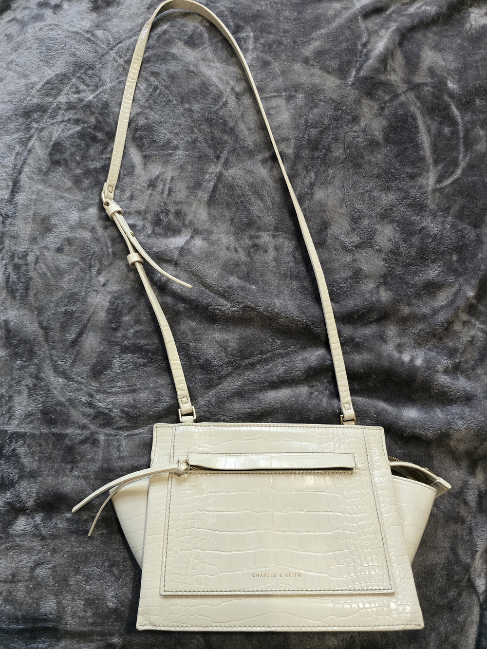 Charles & Keith Cream Croc-Embossed Crossbody Bag
